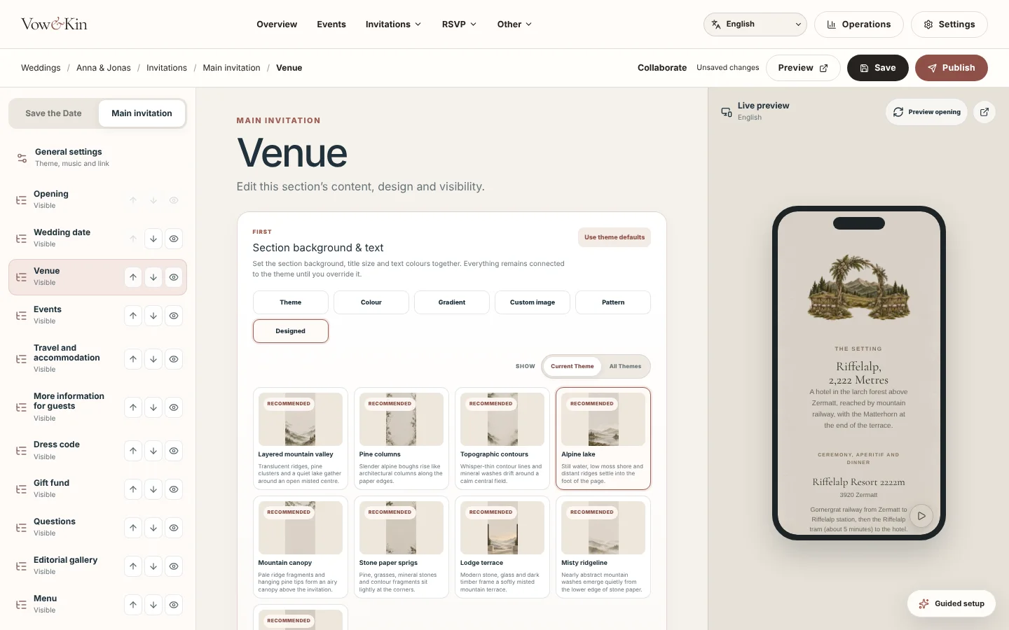 The Vow&Kin builder: the Venue section with its background choices and a live phone preview
