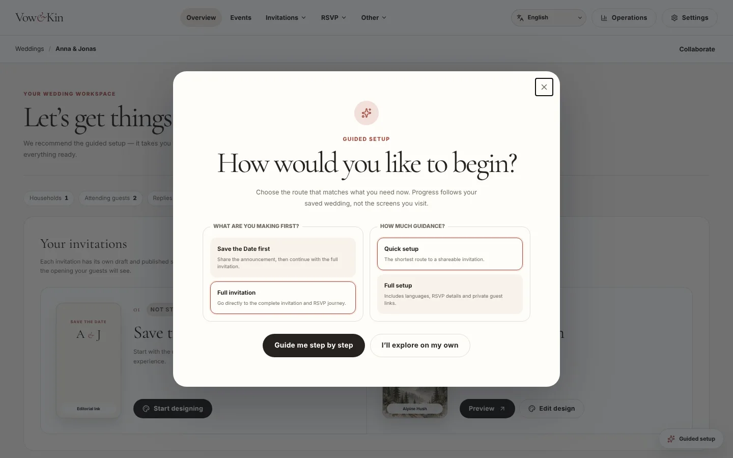 Guided setup asking what you are making first and how much help you would like